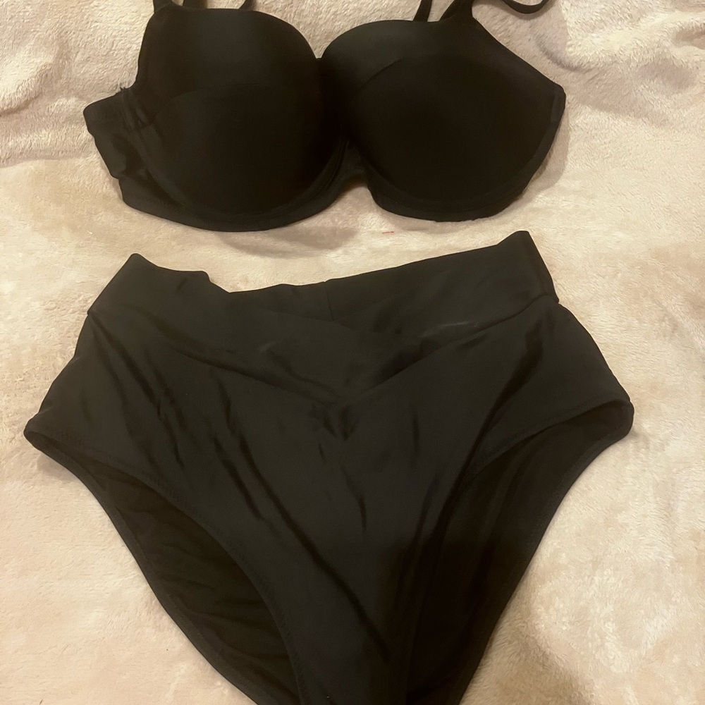 Aerie Swimwear Black High-Waisted Bikini, 36DD/Medium Bottoms
